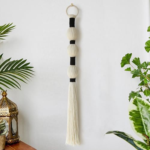 IOWER Macrame Wall Hanging Boho Wall Decor Small Sphericity Cotton Textile Tassel Hanging Fiber Yarn Art for Living Room Bedroom 27'' L x 2.3'' W - color: Ivory and Black