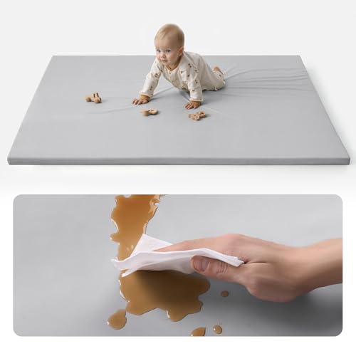 Blissful Diary Vegan Leather Baby Play Mat, 71x59 Thicken Foam Cushioned & Waterproof Playpen Mat for Infants and Toddlers, Stylish and Just Wipe-Clean Playmat for Baby Play on Floor, Light Gray - color: Light Gray, size: 71" X 59"