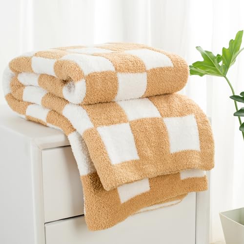 Carriediosa Checkered Throw Blanket 50" X 60", 400GSM Ultra Soft Microfiber Fuzzy Fluffy Reversible Cute Preppy Knitted Blankets Cozy Plush Fall Throws for Couch, Bed, Sofa, Tan Brown - color: Check - Tan Brown, size: 50" X 60"