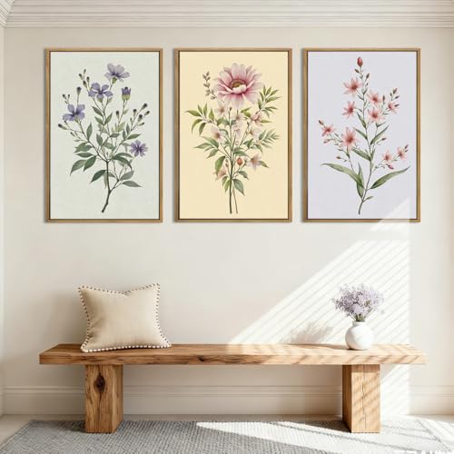 ANHUIB Boho Floral Canvas Wall Art, Framed Minimalist Beige Wildflower Wall Decor, Neutral Botanical Painting 16x24 Inch Set of 3 for Living Room Bedroom Dining Room - color: Floral, size: 24"L x 16"W