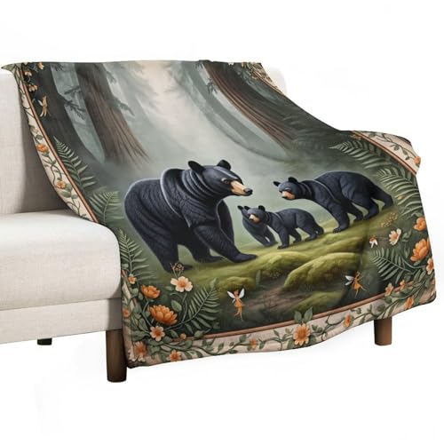 Fantasy Black Bear Forest Tree Flower Super Soft Throw Blanket, Mystical Fairy Green Flannel Fleece Decorative Throw for Sofa Couch Bedroom Decor Outdoor Use 50"x60" - color: Fantasy Black Bear Forest Tree Flower, size: 50"x60"