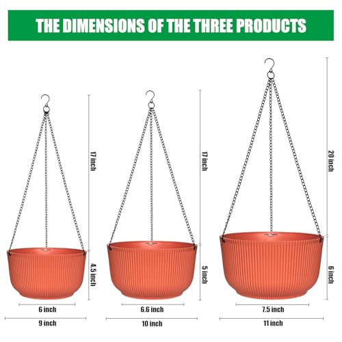 RooTrimmer Hanging Planters 9/10/11 Inch for Indoor Plants, 3 Pack Plant Hanger Outdoor with Drainage Holes, Self Watering Hanging Basket Flower Pot for Garden Home Decor, Light Coral - color: Light Coral