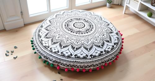 Round Mandala Floor Pillow Cover Seating Cushion Throw Cover Hippie Decorative Bohemian Ottoman Pouf Cover, Pom Pom Pillow Cases,Boho Indian 32 Inches Grey Ombre - color: Grey, size: 32" Round