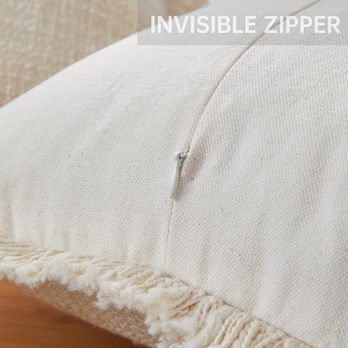 Decorative Throw Pillow Covers Set of 2,18x18 Inch Boho Farmhouse Cushion Covers with Tassels Natural Fringe Design for Couch Sofa Living Room Decor (Beige, 18"x18"(Pack of 2)) - color: Beige