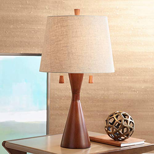 360 Lighting Omar Modern Table Lamp 28 3/4" Tall Warm Brown Wood Hourglass Oatmeal Fabric Tapered Drum Shade for Bedroom Living Room House Home Bedside Nightstand Office Entryway Kids Family - color: Single