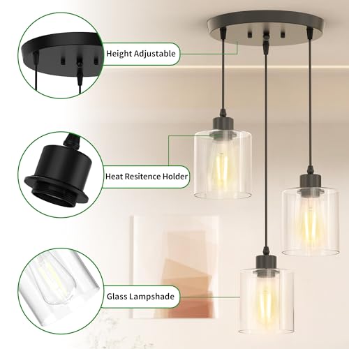 3 Light Pendant Lighting, Farmhouse Hanging Light Fixture for Kitchen Island & Dining Room, Industrial Vintage Ceiling Lamp with E26 Base, Adjustable Height, with Clear Glass 4.7" Shades - color: Round Base – Glass Pendant