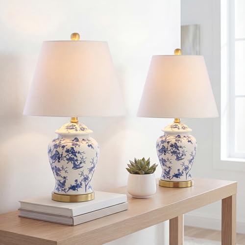 JONATHAN Y 22" Blue/White Ceramic Table Lamp, French Country Chinoiserie Ginger Jar LED Bedside Lamp for Living Room Bedroom, White Linen Shade (JYL3005A-SET2) - color: Blue/White, size: Set of 2