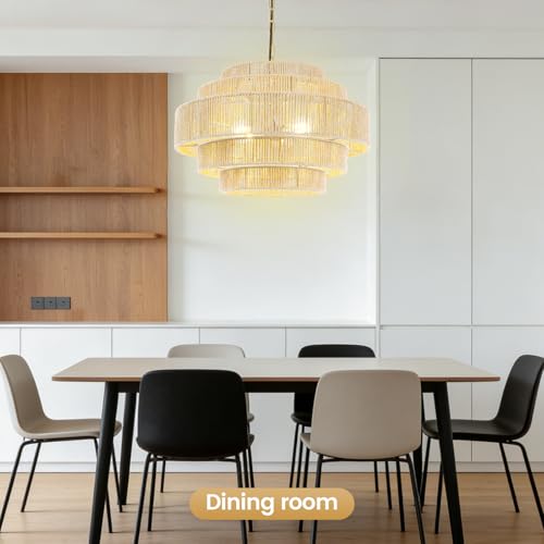 BoostArea 5-Tier Large Rattan Boho Chandelier Light Fixture,20" Hand Woven Pendant Lights Kitchen Island,Large Farmhouse Pendant Light for Kitchen,Dining Room,Hallway, Foyer - color: Gold & Beige