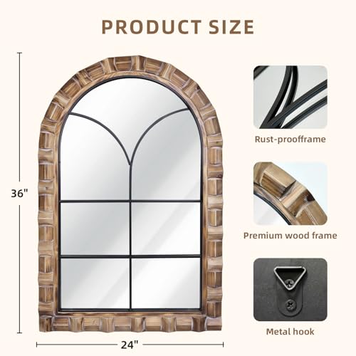 36x24 Inch Arched Window Pane Wall Mirror - Rustic Farmhouse Solid Wood Decorative Mirror for for Living Room, Bedroom, Entryway & Bathroom - color: E - Window - 36x24 in
