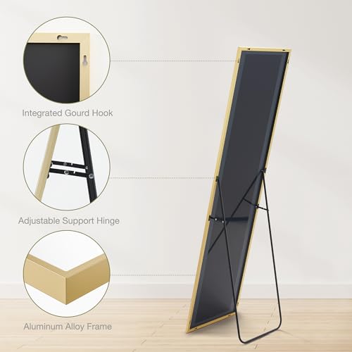 DUMOS 16"x59" Full Length Mirror with Stand, Floor Standing Aluminum Frame, Shatter-Proof Nano Glass for Bedroom, Living Room, Cloakroom – Modern Simple Home Decor,Can Be Hanging or Leaning, Gold - color: Gold-rect Edge, size: 59"L x 16"W