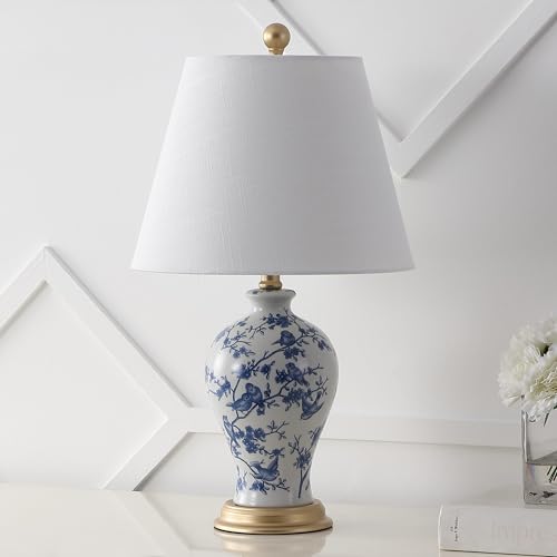 JONATHAN Y 24" Blue/White French Country Ceramic Floral Urn Table Lamp, White Linen Shade, Chinoiserie Ginger Jar Bedside Lamp for Living Room Bedroom, LED Bulb (JYL3009B) - color: Blue/White