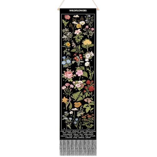 Geetery Vintage Floral Vertical Tapestry Wall Hanging Decor Long Flower Narrow Botanical Fabric Wall Art Hanging Reference Illustrative Tassel Tapestry for Bedroom Living Room Home Decor Gift(Black) - color: Black, style: Floral