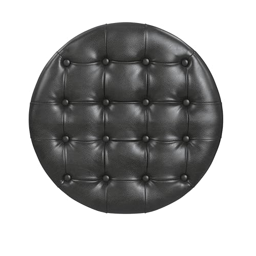 HomePop 25" Button Tufted Round Storage Ottoman - Black Faux Leather - color: Black Faux Leather