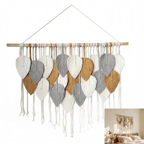 Jditngp Large Macrame Wall Hanging Boho Woven Leaf Tapestry,Hand Woven Tassels,Nordic Home Decorations Bohemian Handmade Leaf Feather Big Wall Art Decor for Living Room Bedroom Apartment 39" Wx31.5 L - color: grey21