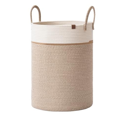LA JOLIE MUSE Woven Basket Rope Storage Baskets - Tall Cotton Basket, Laundry Basket for Blanket, Kids Toy, Nursery Clothes Hamper Basket-L - color: White & Desert, size: L