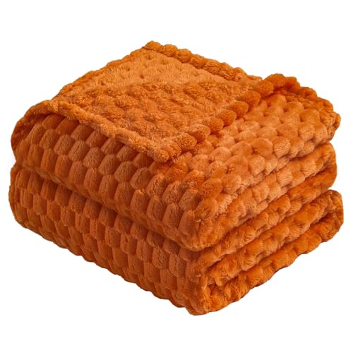 Vessia Flannel Fleece Twin Size Blanket(60x80 inch), 3D Jacquard Burnt Orange Fuzzy and Warm Blanket for Couch,Sofa, 300GSM Super Soft Touch Cozy Lightweight Bed Decor for All-Season Home Decor - color: Burnt Orange-3d, size: 60x80 inch