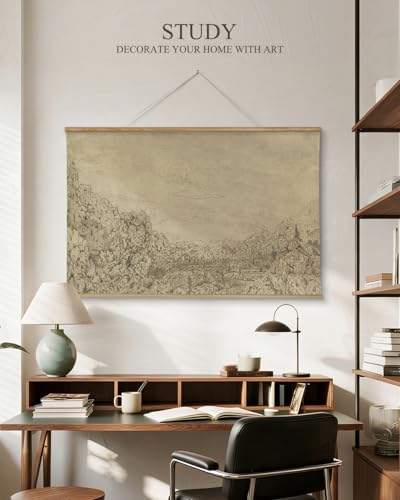 ARPEOTCY Extra Large Vintage Framed Wall Art, 36x54 Inch Sketch Valley Mountain Landscape Hanging Canvas Prints, Scroll Wall Decor for Living Room Bedroom, Retro Scenery Pictures Above of Bed - color: Sketch the Valley