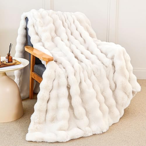 Faux Rabbit Fur Throw Blanket for Couch, Fluffy Warm Plush Thick Bubble Blanket for Bed Sofa Living Room, Soft Cozy Furry Blanket Home Decor, 50x60 inches, Cream White - color: Cream White, size: Throw50"x60"
