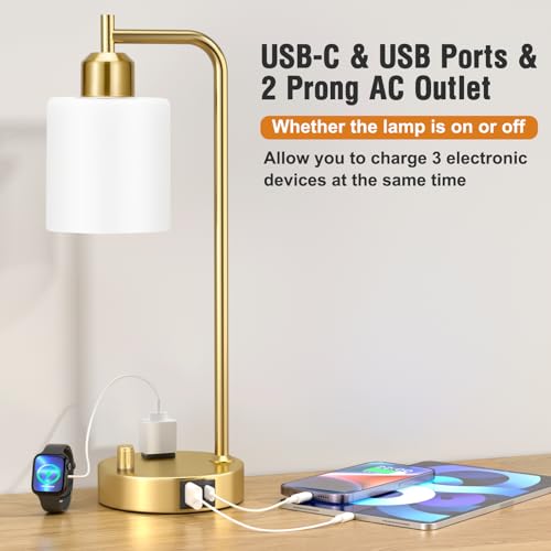 Innqoo Industrial Table Lamps for Bedroom Set of 2 - Fully Dimmable Bedside Lamps with USB Ports and Outlet, Gold Nightstand Lamps with Opal Glass Shade for Living Room, Desk Lamps for Office Reading - color: Opal Glass&Gold Base