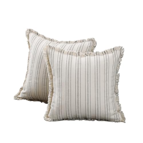 Set of 2 Striped Throw Pillow Covers 18x18 Inch, Boho Linen Blend Pillow Cases with Tassel Fringe, Black White Stripe Decorative Covers with Hidden Back Zipper for Couch Farmhouse Home Decor