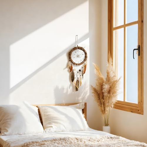 Dream Catcher Native American Boho Dreamcatcher Rattan Wall Decor, Handmade Natural Healing Crystal Stones Feathers Hanging Ornament Indian Decor for Bedroom Living Room - color: Brown With Crystal