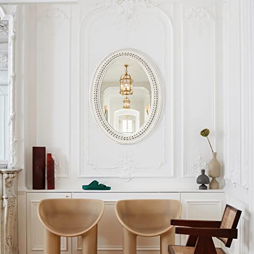 H HOMEWINS Oval Mirrors for Wall,20x30 Oval Wooden Rustic Farmhouse White Beads Boho Decorative Mirror for Bedroom, Bathroom, Living Room,Vanity - color: White, size: 30"L x 20"W
