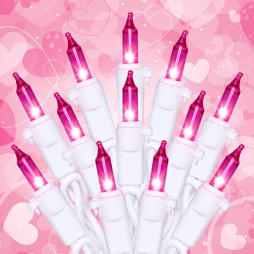 Hopolon Pink Mini Christmas Lights,2 Pack 13FT 50Count Fairy String Light Set,White Wire Incandescent Pink Valentines Day Lights Connectable for Indoor Outdoor Wedding Birthday Valentine’s Day Decor - color: Pink,White Wire, size: 2PACK, 50 count