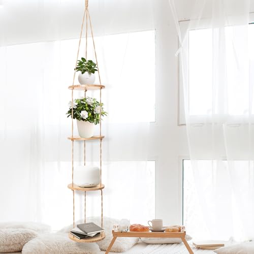 Hemp Rope Hanging Plant Shelf from Ceiling for Narrow Space or window Boho Hanging plant Shelves, Natural Pine Wooden Plant Stand Display for Indoor, Outdoor, Corner, Balcony, Living Room and Bedroom - color: Brown