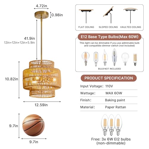 MODIVO 3-Light E12 Boho Rattan Chandelier, 12.6 Inch Hand Woven Farmhouse Pendant Light for Kitchen Island, Dining Room, Bedroom, Rustic Hanging Lamp, Living Room, Entryway, Foyer