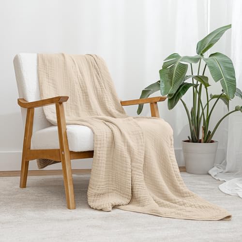 Comfy Cubs Muslin Throw Blanket - 50” x 60” Quilted Design - Lightweight, Breathable 6-Layer Gauze Fabric - Soft Cotton Blanket for Home or Travel - Packaged in Elegant Gift Box - Sand - color: Sand, size: Throw - 50" X 60"