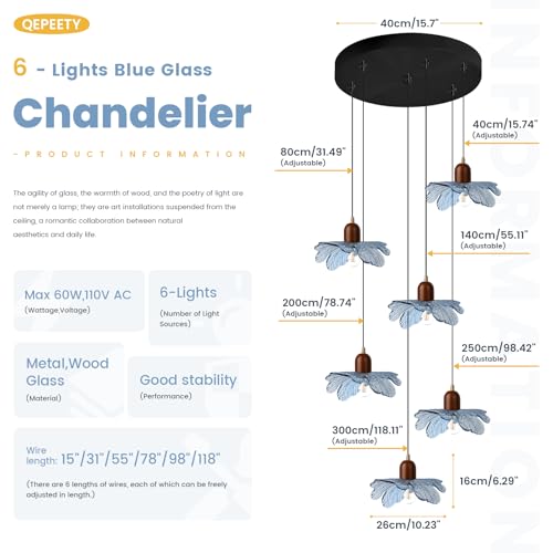 6-Light Blue Glass Flower Chandelier, Adjustable Height Staircase Pendant Light, Modern Mid Century Floral Hanging Ceiling Fixture for Living Room Dining Room Foyer Entryway - color: Blue, 6 Lights