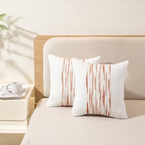 Boho Throw Pillow Covers 18x18 Set of 2 Christmas Decorative Cushion Case Striped Square Pillows Cover Chenille Pillow Cases Accent Neutral Pillowcase for Sofa Couch Bed,White Wine-red - color: Wine-red Stripe