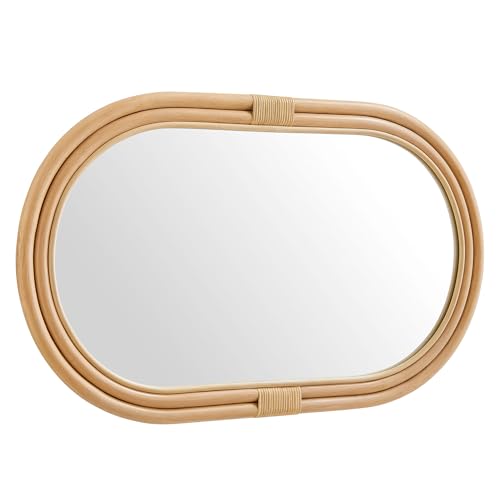Modway Corsica Oval Rattan Wall Mirror in Natural with Natural Frame – Boho Coastal Hanging Accent Mirror for Bathroom, Bedroom, or Entryway