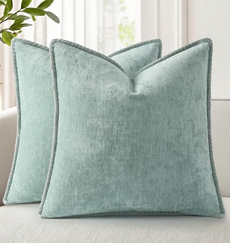 decorUhome Summer Chenille Soft Cozy Throw Pillow Covers 22x22 Set of 2, Modern Farmhouse Boho Velvet Decorative Euro Sham Pillow Cases with Stitched Edge for Couch Sofa Bed Home Decor, Aqua Haze - color: Aqua Haze, size: 22" x 22" (Pack of 2)