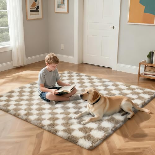 Checkered Rug for Bedroom, 2x6 Beige and White Area Rugs, Classic Checkered Carpets Shag Area Rug, Bedside Rugs for Living Room Bedroom Room Home Decor - color: Beige and White, size: 2' x 6' (Rectangular)