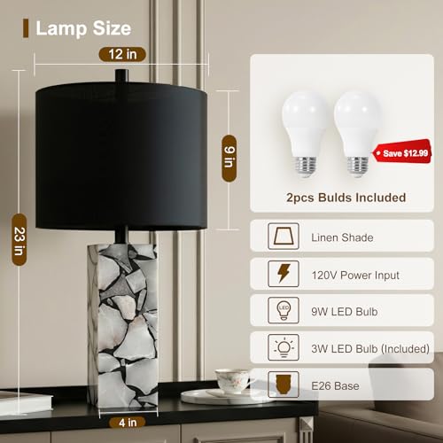 Scenekoy 23" Alabaster Table Lamps Set of 2 with Night Light for Living Room, Rotary Switch, Black Modern Table Lamp with Black Linen Shade, Nightstand Lamp for Bedroom Bedside Office (Bulb Included) - color: Black