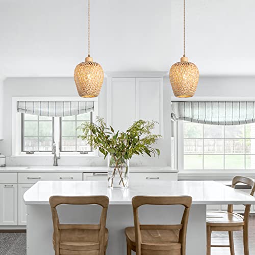 Bamboo Pendant Light Fixture One-Light Adjustable Boho Basket Handmade Woven Mini Pendant Lighting for Kitchen Island Sink Farmhouse Home - color: Natural-5