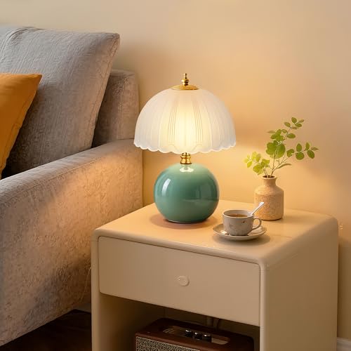 PARTPHONER Mushroom Table Lamp, Ceramic Bedside Lamp with Glass Shade, 3-Way Lighting (2700K-5000K) Rocker Switch, Small Nightstand Lamp for Bedroom, Living Room, Office, Green - color: Green