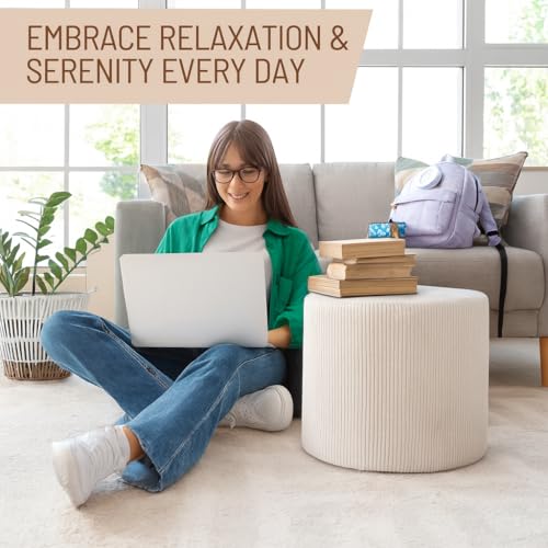 Corduroy White Ottoman Foot Rest Stool – Textured Boucle Corduroy Fabric Footstool with Soft Foam, Round Lightweight Pouf for Cozy Living Room, Bedroom – Warm White - color: Corduroy White