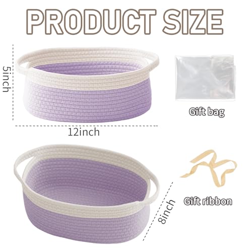 JMvicyroam Woven Basket,Small Rope Storage Bin with Handles & Ribbon Bag, Organizer for Shelves Closets,Gift Basket Empty for Birthday,Books,Dog Toys, White&Purple - color: White&Purple, size: 1 Pack