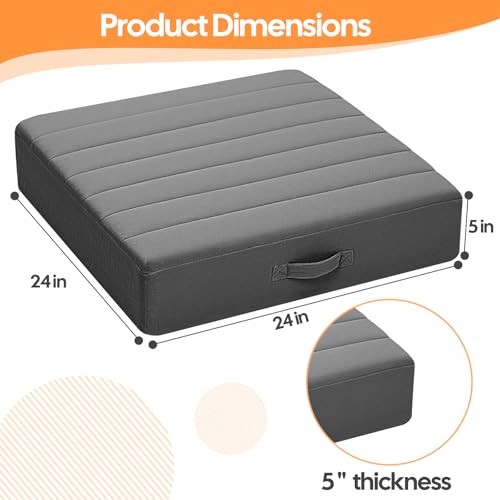 MeMoreCool Square Floor Pillows for Adults Kids, 2 Sets Large Meditation Cushion with 5" Thick Foam and Washable Tufted Cover, 24 Inch Grey Seat Floor Cushions for Sitting and Yoga - color: Dark Grey, size: 24 Inch