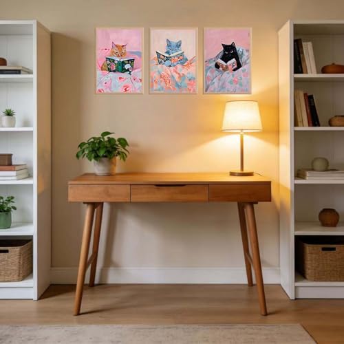 AUROR 3pcsFramed Cute Cat Reading Canvas Wall Art- Fun Whimsical Cat Prints Set -Pink Animal Book Picture Prints Suitable For Children'S Rooms, Girls' Rooms, Living Rooms, And Offices.12x16in - color: Cute pink cat, size: 12x16in