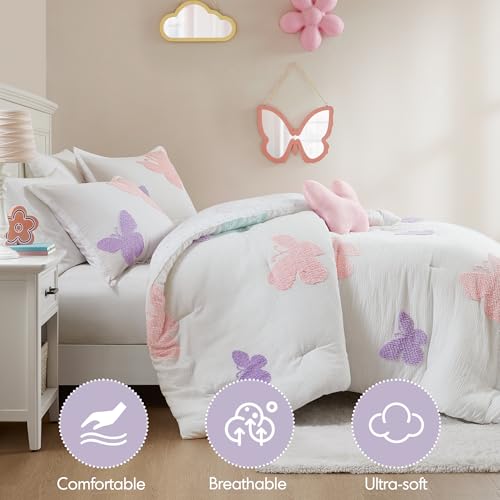 Intelligent Design Kids Rio Full/Queen Comforter Set – Girls’ Reversible Tufted Chenille Bedding with Pastel Purple Butterflies and Pink Dot, 4pcs - color: Multicolor, size: F/Q Comforter