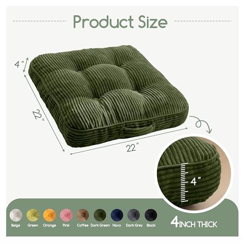 HIGOGOGO Floor Pillow Cushion for Adults, Meditation Cushion Pillow, Large Square Floor Sitting, Tufted Corduroy Cover, for Tatami Living Room or Yoga, 2Pack, Dark Green - color: Dark Green, size: 4" Thick(Pack of 2)