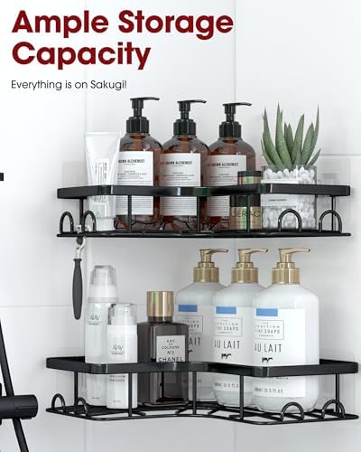 Sakugi Corner Shower Caddy - 2 Pack, Adhesive Shower Organizers, Rustproof Stainless Steel Shower Shelves with 8 Hooks, No Drilling Bathroom Organizers and Storage Racks, Space-Saving, Black, Medium - color: Black, size: Medium
