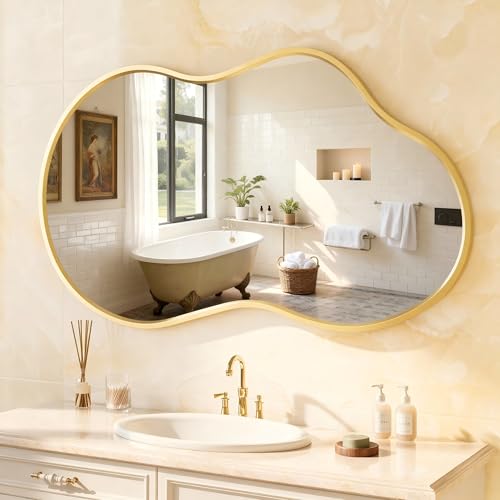 20”x 36” Gold Irregular Wall Mirror, Bathroom Asymmetrical Mirror, Metal Framed, Tempered Glass, Decorative Mirrors for Bathroom Bedroom Living Room Entryway (Horizontal/Vertical) - color: Gold, size: 36"L x 20"W