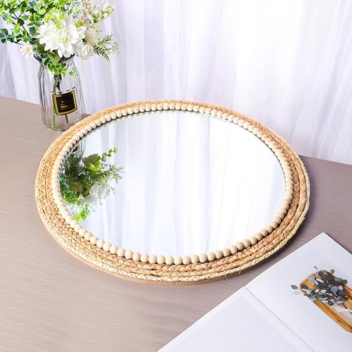 21 Inch Boho Round Hanging Wall Mirror Decorative Rattan Circle Wall Mounted Mirror for Farmhouse, Living Room, Bedroom, Bathroom - color: 21 Inch Wood