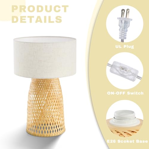 Boho Bamboo Table Lamp, Handwoven Bedside Lamp with Linen Shade, Small Natural Weave Nightstand Light for Living Room, Tea Room, Desk,Beige - color: Beige