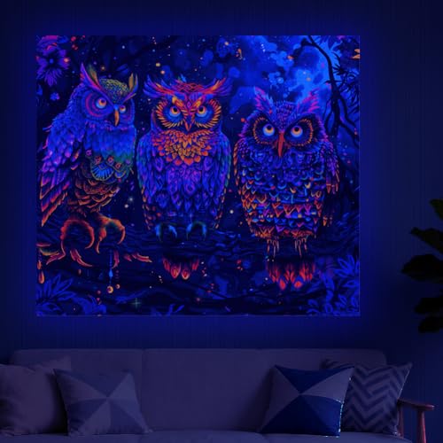 CRAFTYMELODY Owl Blacklight Tapestry Glow in the Dark Tapestry UV Reactive Colorful Forest Aniaml Wall Hanging 59×51 Inch with Hook Self Adhesive Sticker Clip for Bedroom Home Wall Decoration - color: Owl