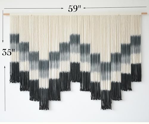 Flber Macrame Wall Hanging 57" W x 35" L Tie-Dye Geometric Decor Large Scale Wall Art Boho Yarn Tapestry Home Wall Décor - color: Black & Grey